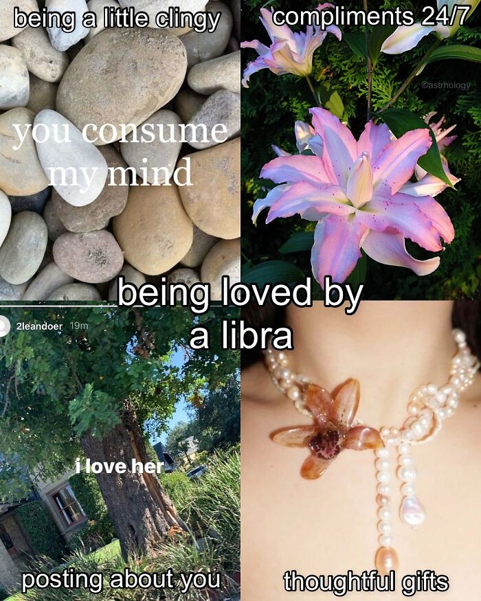 A funny astrology meme describing being loved by a Libra, featuring clinginess, compliments, posts, and thoughtful gifts.