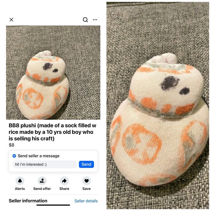 Sock-made BB8 plushie filled with rice crafted by a 10-year-old boy on Facebook Marketplace