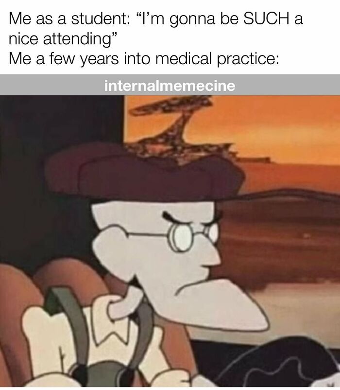 A medical meme of Eustace Bagge looking angry, representing doctors and nurses before and after practice.