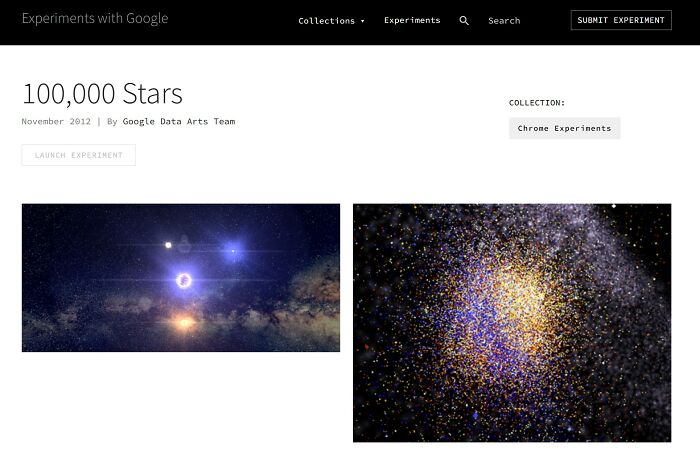 A webpage titled 100,000 Stars from Experiments with Google, showing two interesting websites images of space and galaxies.