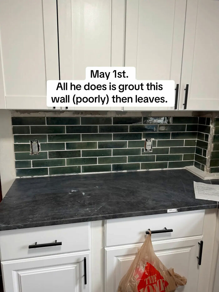 Poorly grouted green subway tile backsplash and messy countertop. An expensive contractor left the homeowner's kitchen in disarray.
