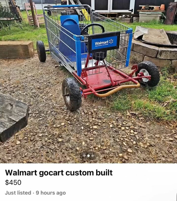 Custom built Walmart go-cart with a steering wheel and large tires