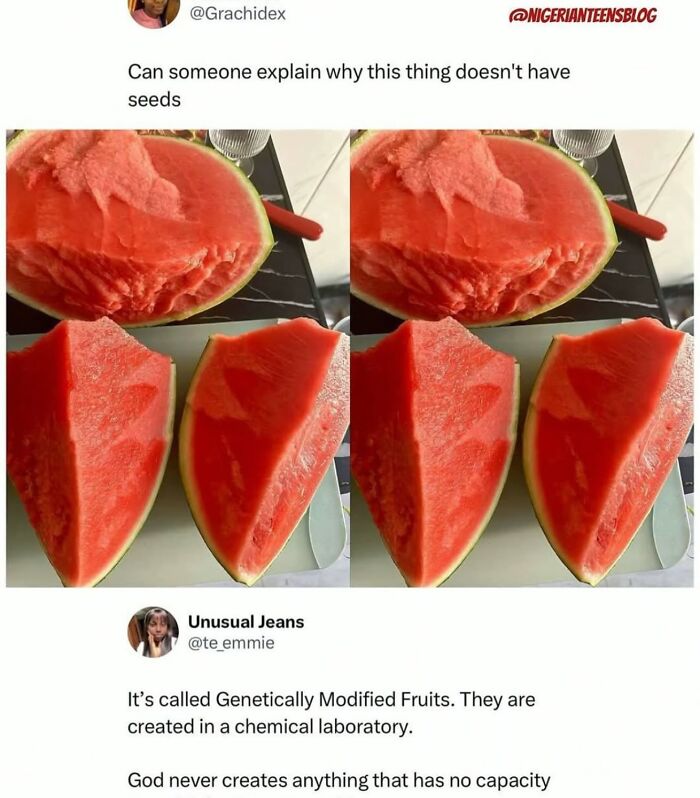 Meme questioning why a seedless watermelon has no seeds