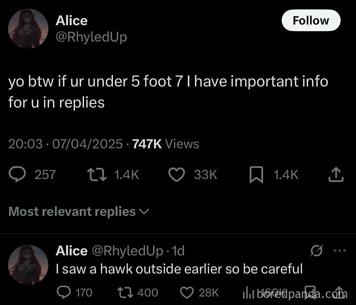 Tweet meme about a warning for people under 5 foot 7