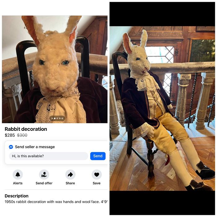 1950s rabbit decoration with wax hands and wool face listed on Facebook Marketplace