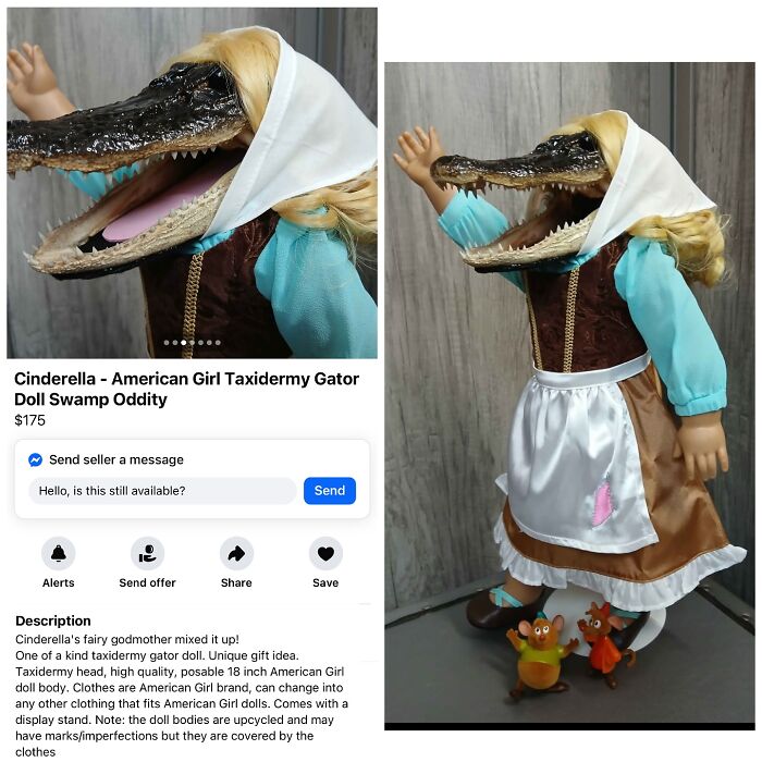 Taxidermy gator head on American Girl doll dressed as Cinderella on Facebook Marketplace