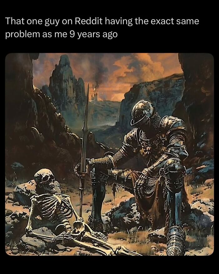 Random memes featuring a knight talking to a skeleton about past problems on Reddit