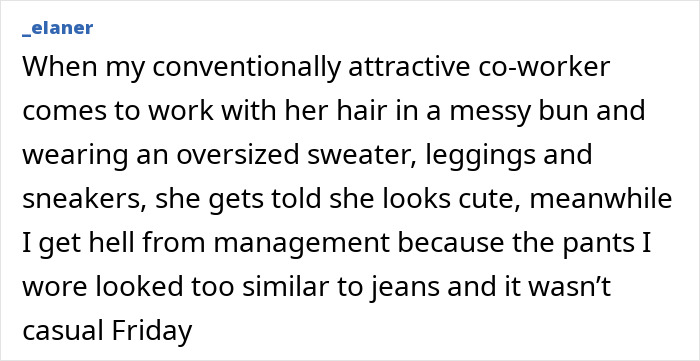 Pretty privilege shown as attractive coworker receives leniency in dress code