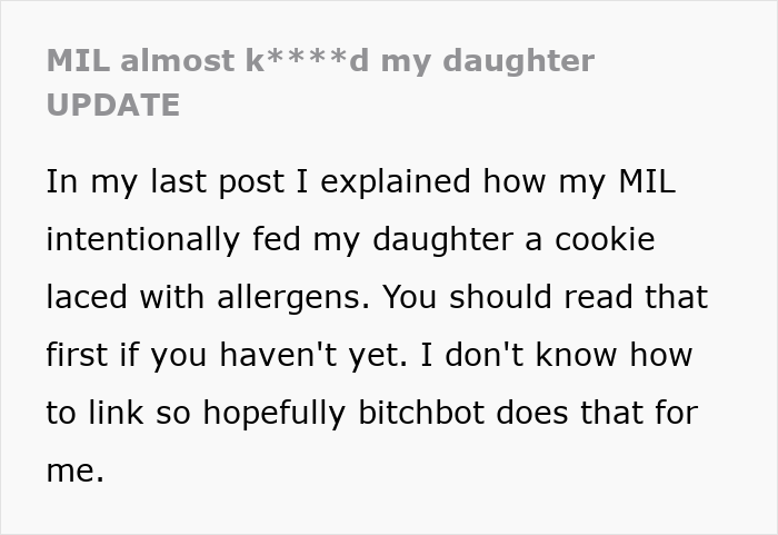 Text post update about MIL refusing to believe grandchild's allergies, resulting in a dangerous allergic reaction.