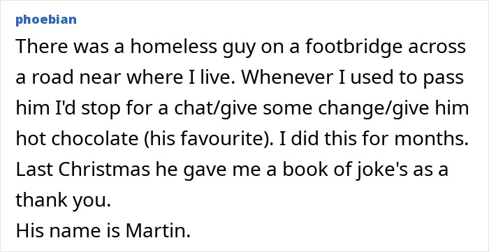 Homeless man receives hot chocolate and gives a book of jokes in thanks, highlighting kindness