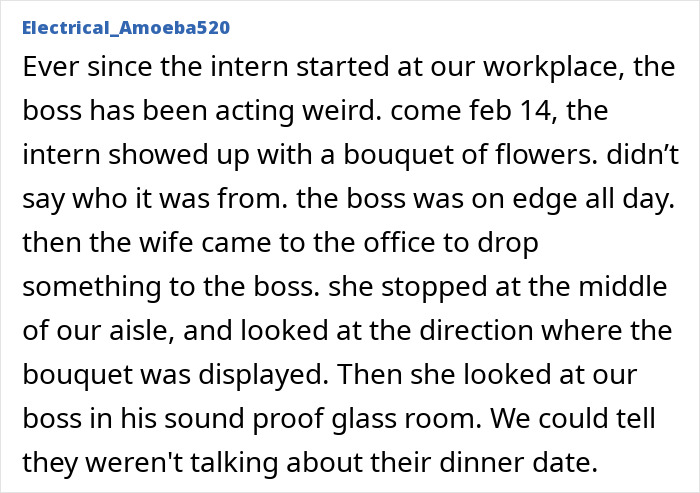 Workplace drama with intern and mysterious bouquet causing tension