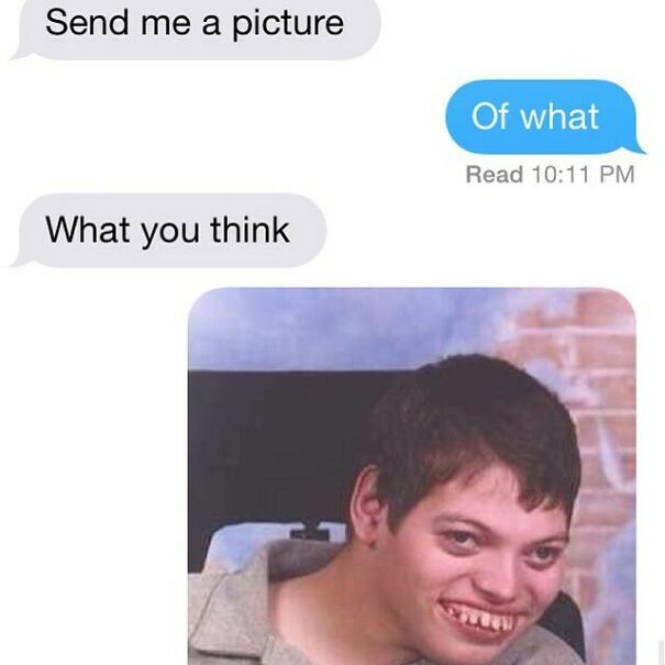 Text asking for picture with awkward smiling face photo reply