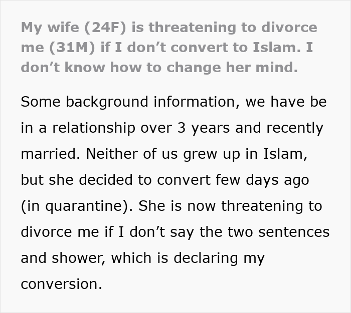 A Reddit post details a wife who becomes Muslim and demands her husband do the same or face divorce.