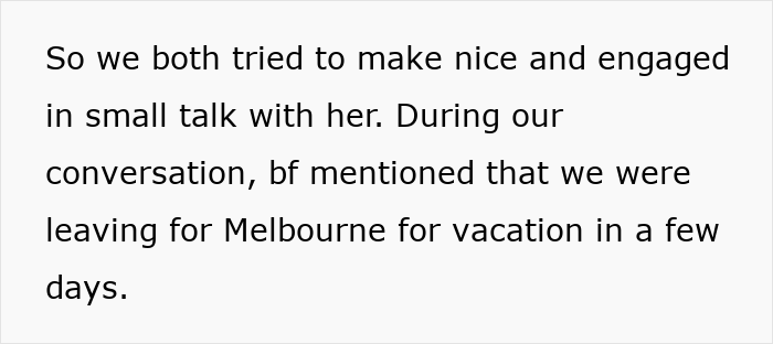 Text excerpt about a woman needing time to recover from boyfriend’s cousin’s entitlement during conversations and vacation plans. Text excerpt about a woman needing time to recover from boyfriend’s cousin’s entitlement during conversations and vacation plans.
