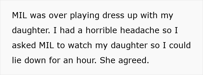 Text describing MIL watching daughter for an hour, relevant to allergies and grandkid.