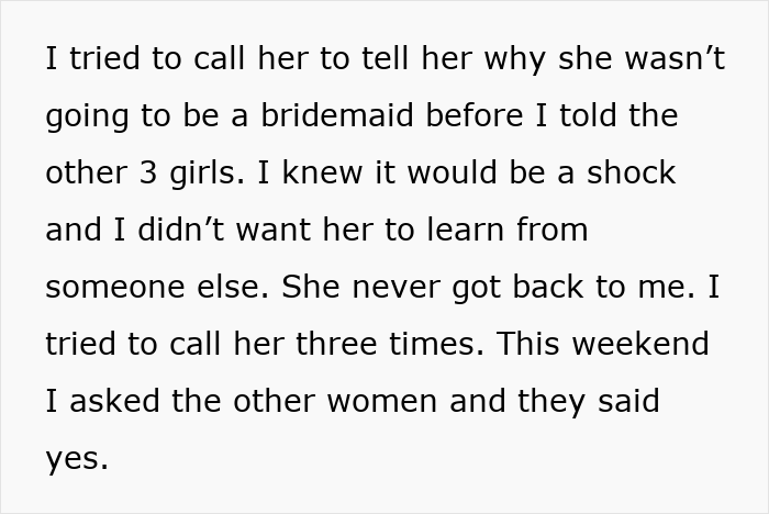 Text excerpt about calling a friend three times about bridesmaid decision Text excerpt about calling a friend three times about bridesmaid decision