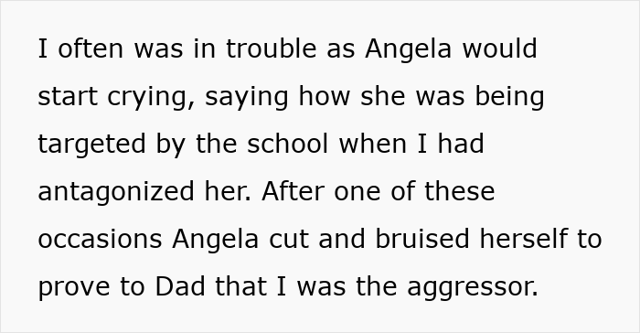 Text about sibling rivalry and emotional distress involving Angela and school incidents Text about sibling rivalry and emotional distress involving Angela and school incidents
