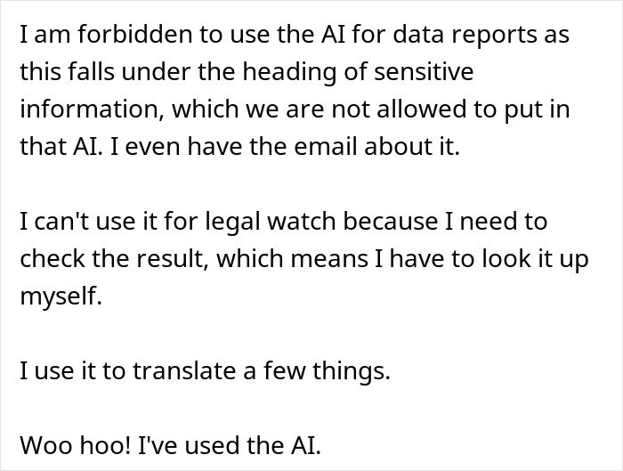 User explaining AI restrictions on sensitive data and limited use