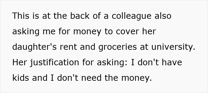 Text about colleague asking for money for daughter's university expenses