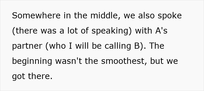 Text about speaking with A's partner and overcoming initial difficulties