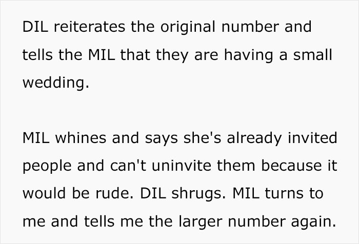 Text describing disagreement over wedding guest numbers at cake planning Text describing disagreement over wedding guest numbers at cake planning