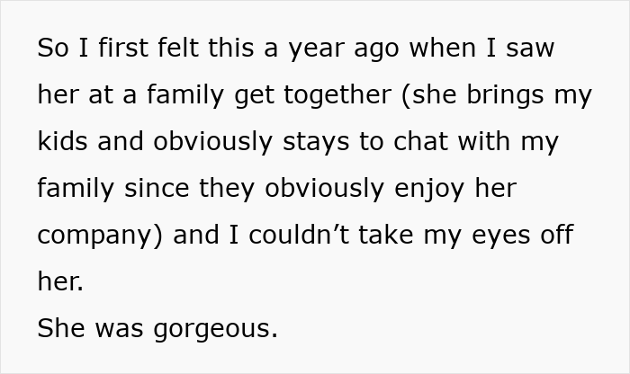 Text: "I still love her." A man sees his ex-wife at a family gathering and can't take his eyes off her, regretting his choices.