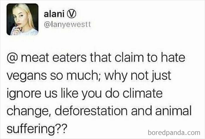 A Twitter post by Alani asking meat eaters to ignore vegans like they ignore climate change, deforestation, and animal suffering. Funny memes for vegans.
