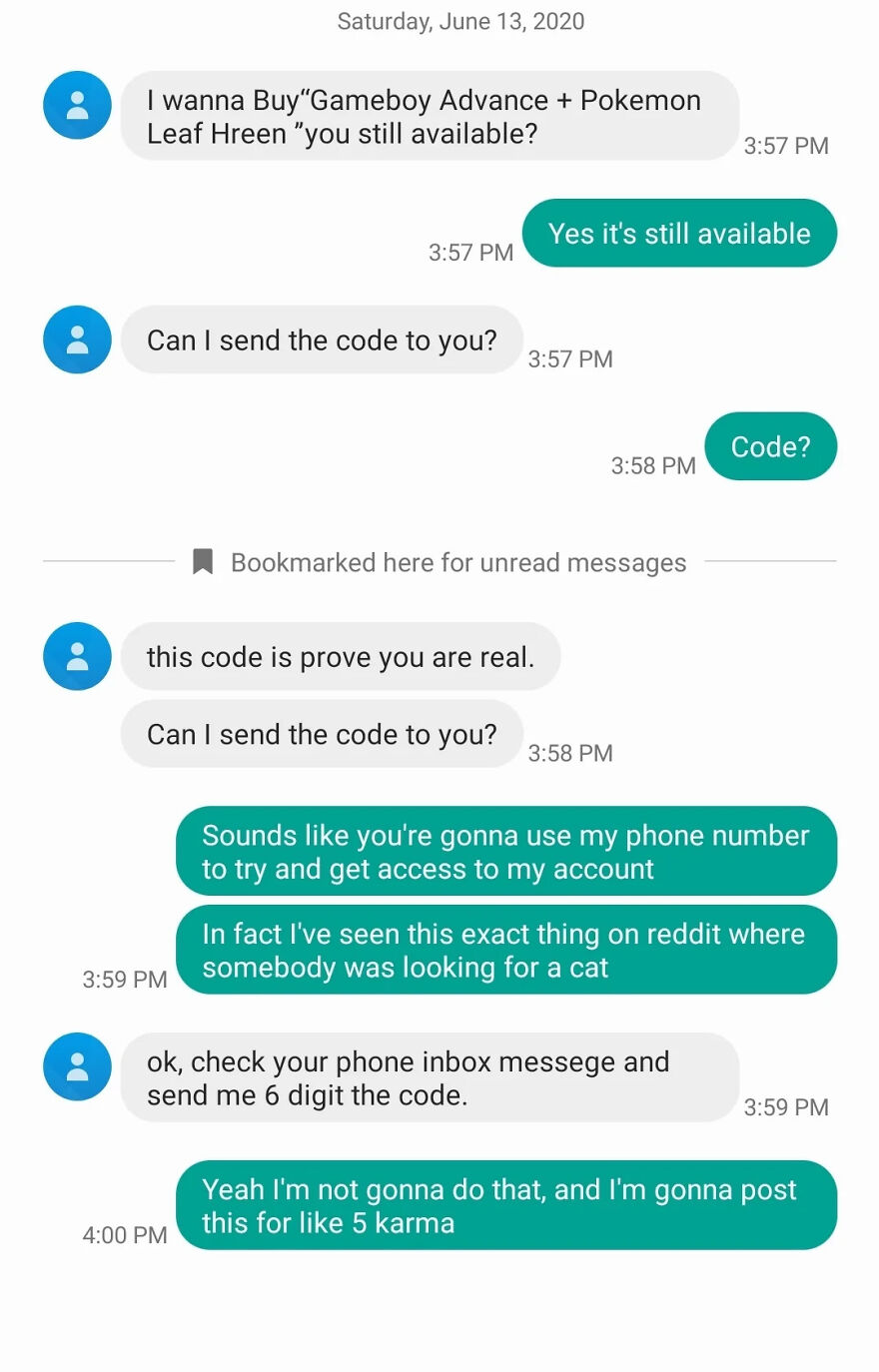 A screenshot of a text conversation showing a scammer being caught and facing consequences, trying to get a verification code from a seller.