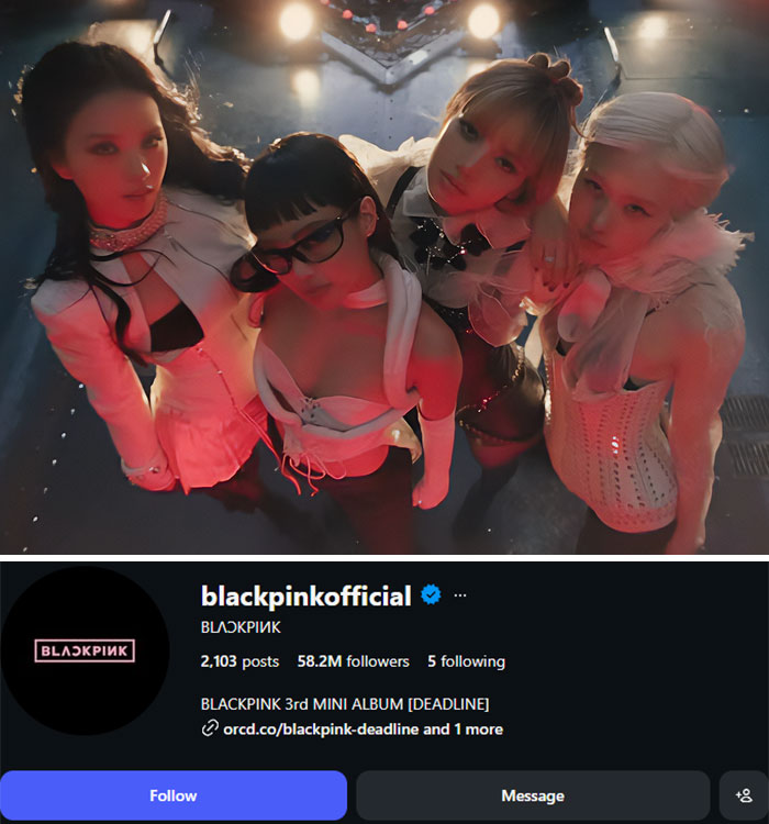 BLACKPINK in striking white outfits, with their Instagram profile showing 58.2M followers. Celebrities who lost followers after bot purge.