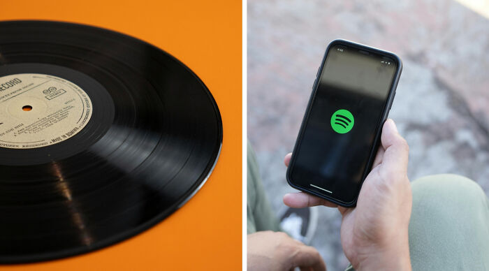 A split image showing a vinyl record and a hand holding a smartphone with the Spotify logo. Compare your taste in music.