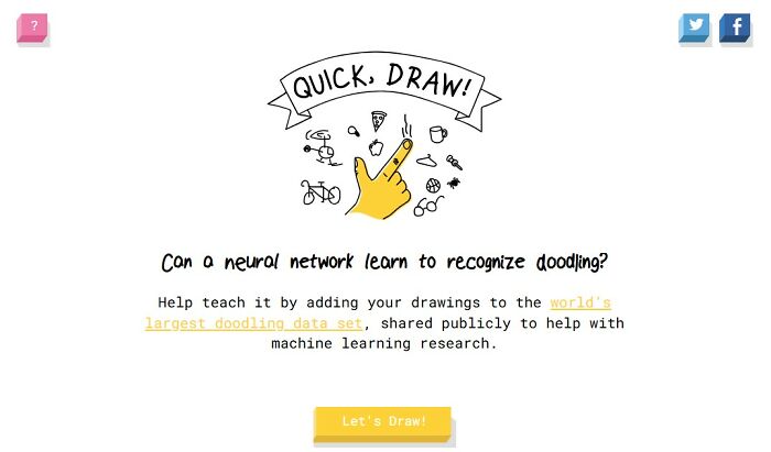 A Quick, Draw! game screen, an interesting website where users draw for machine learning, with a yellow hand and doodles.