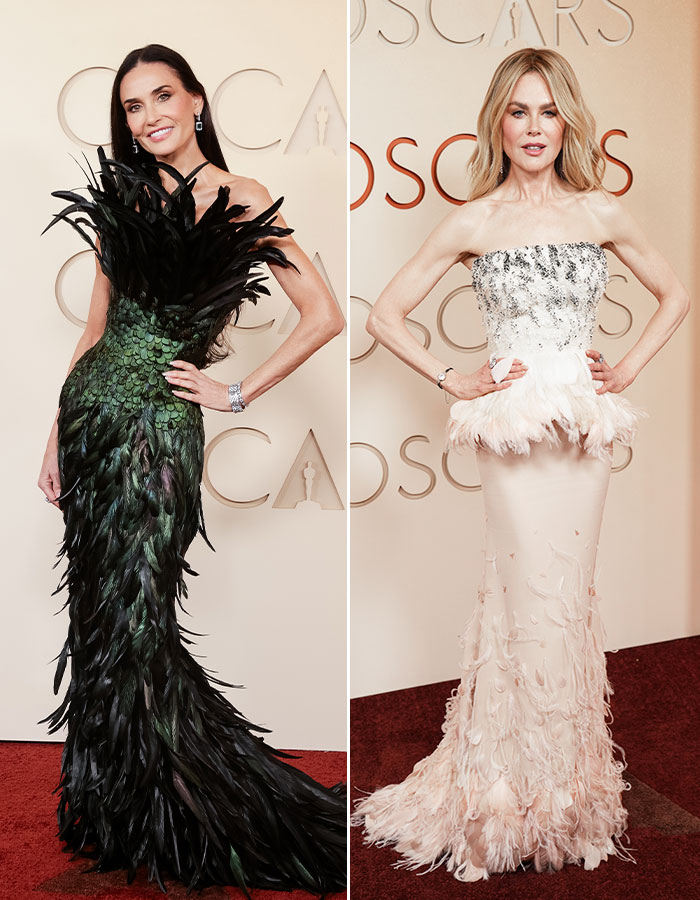 Demi Moore and Nicole Kidman in bizarre fashion trends, feather dresses on a red carpet. 2026 fashion trends.