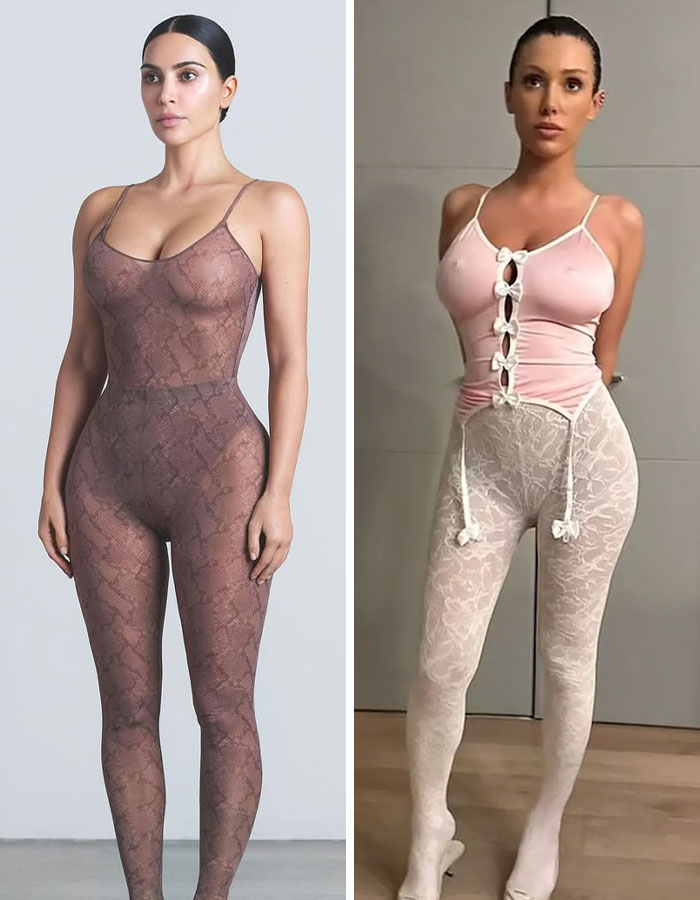 Kim Kardashian in a snakeskin bodysuit next to Bianca Censori wearing a barely-there pink top and white lace tights. Kim Kardashian in a snakeskin bodysuit next to Bianca Censori wearing a barely-there pink top and white lace tights.