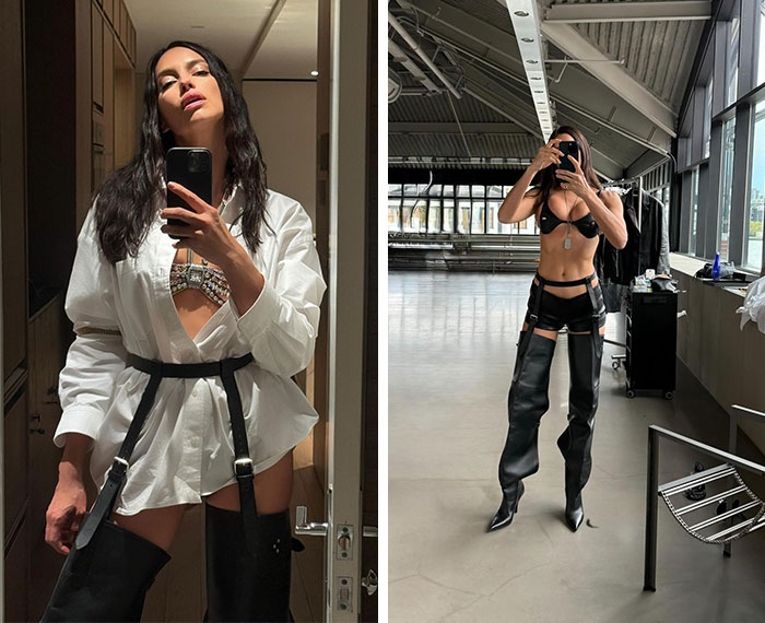 Irina Shayk's stunning photos; left in an oversized shirt and over-the-knee boots, right in a revealing black outfit. Irina Shayk's stunning photos; left in an oversized shirt and over-the-knee boots, right in a revealing black outfit.