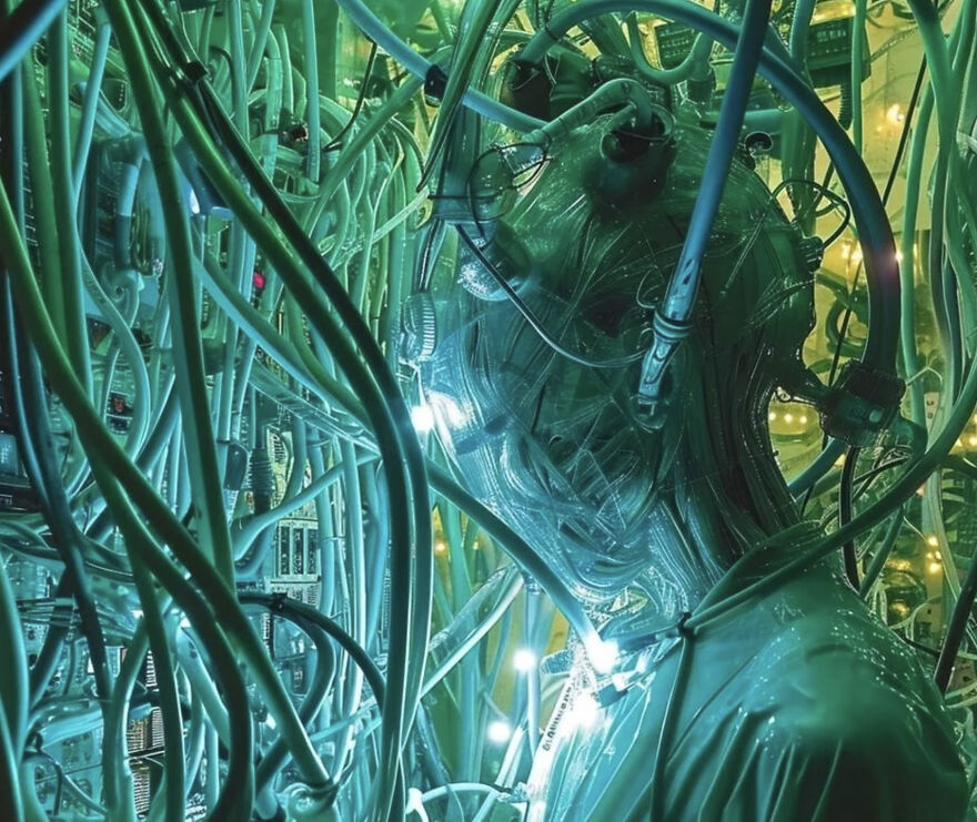 Futuristic biomechanical sculpture with glowing tubes representing technological innovation