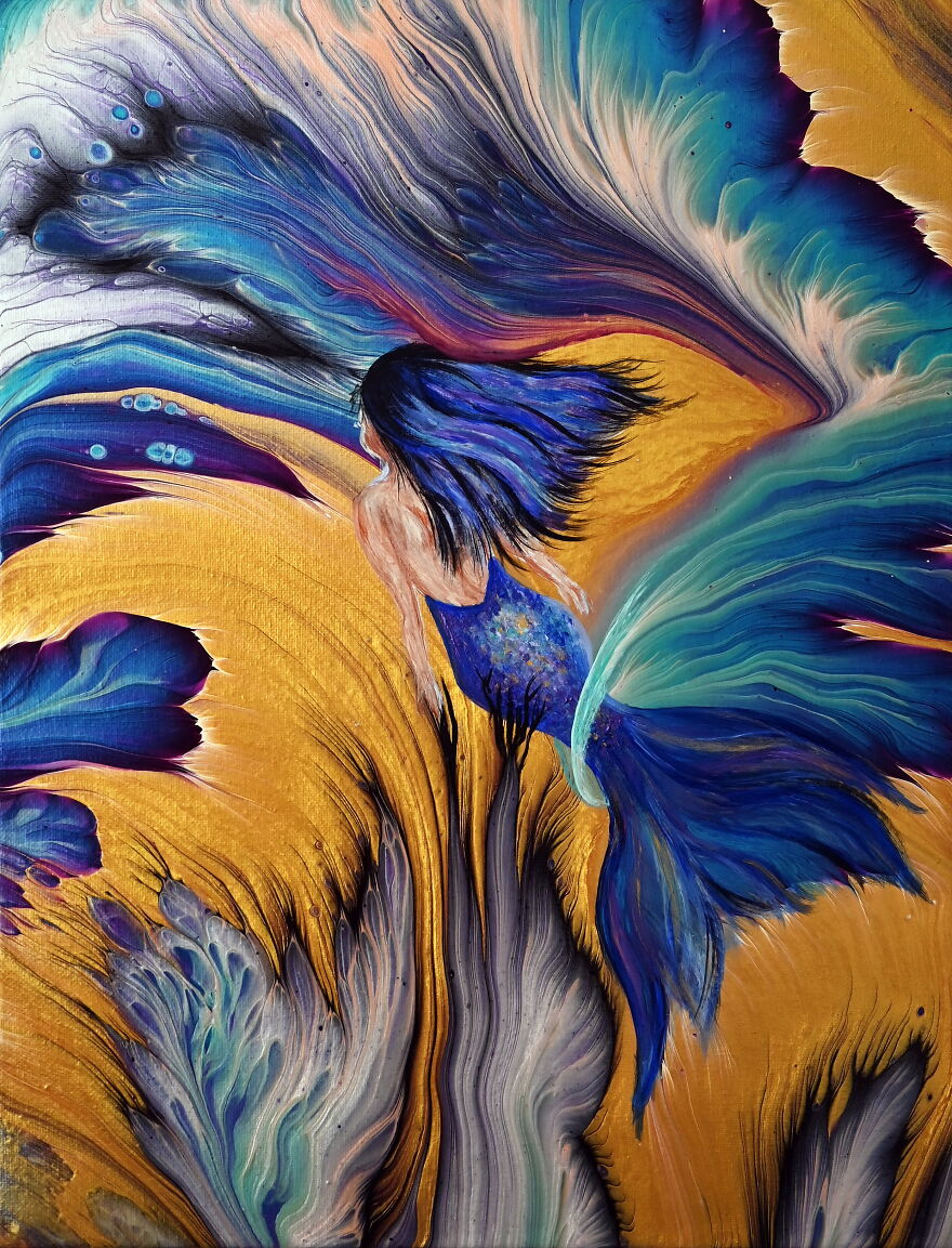 I Saw A Mermaid In This Pour Painting… So, I Painted Her 🧜♀️🎨 I Saw A Mermaid In This Pour Painting… So, I Painted Her 🧜♀️🎨