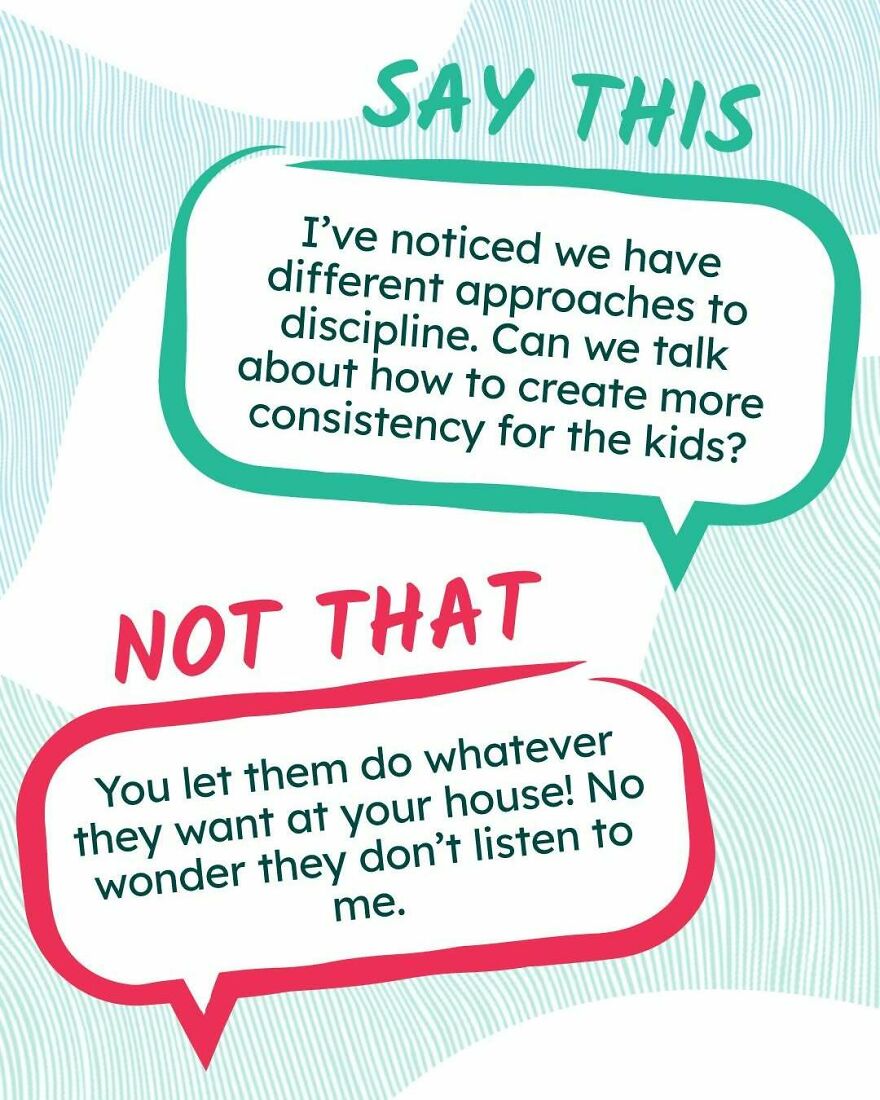 Graphic advice contrasting positive and negative communication about discipline in co-parenting with a toxic ex Graphic advice contrasting positive and negative communication about discipline in co-parenting with a toxic ex