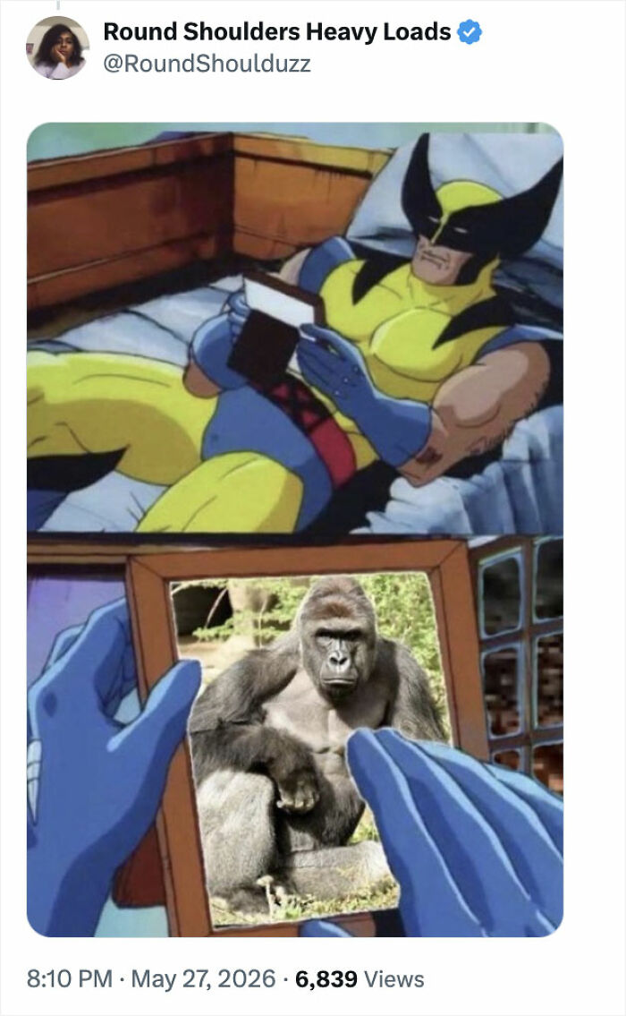 Wolverine holding a framed photo of Harambe gorilla in a viral meme honoring Harambe