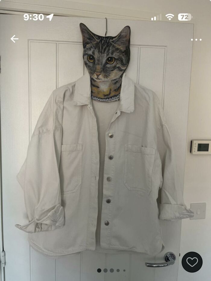 White shirt hanging with a cat face edited onto the neck on Vinted
