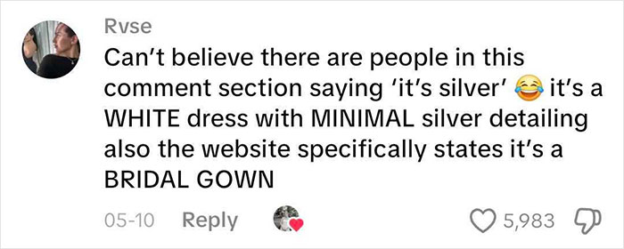 A comment clarifying that a MIL's dress is a white bridal gown, not silver, for a son's wedding. A comment clarifying that a MIL's dress is a white bridal gown, not silver, for a son's wedding.