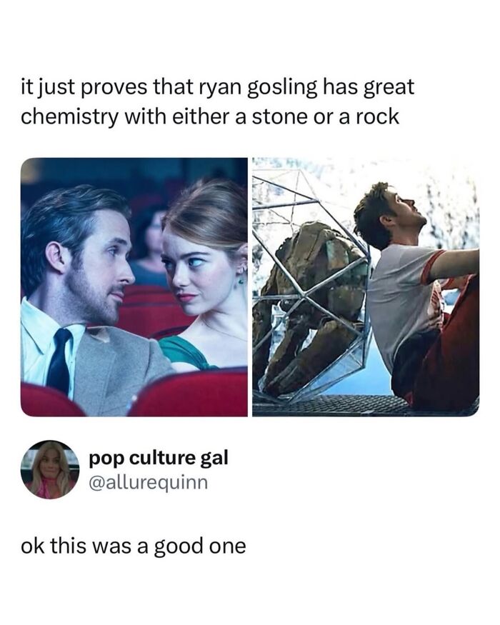 Ryan Gosling pictured with woman and rock highlighting godless comments joke