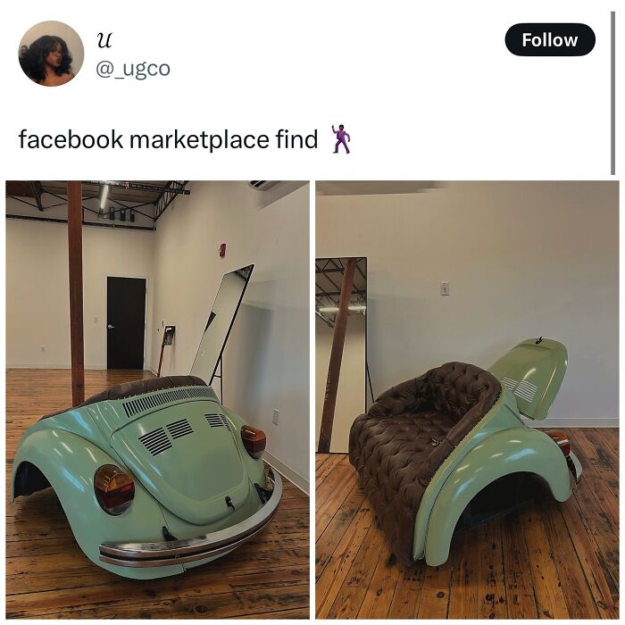 Unique chair made from a Volkswagen Beetle car rear end found on Facebook Marketplace