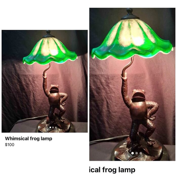Whimsical green frog lamp with vintage style shade on Facebook Marketplace