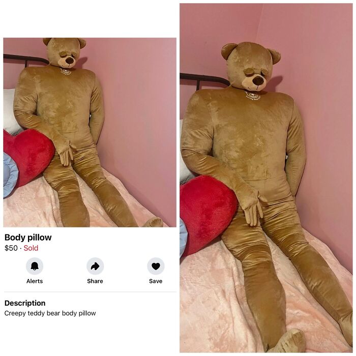 Creepy teddy bear body pillow listed on Facebook Marketplace