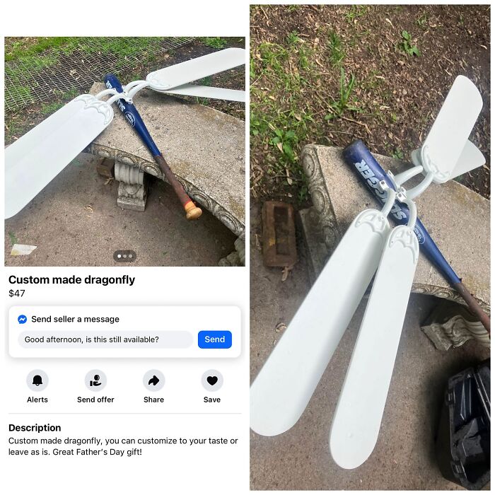 Custom made dragonfly ceiling fan blades with a baseball bat on Facebook Marketplace
