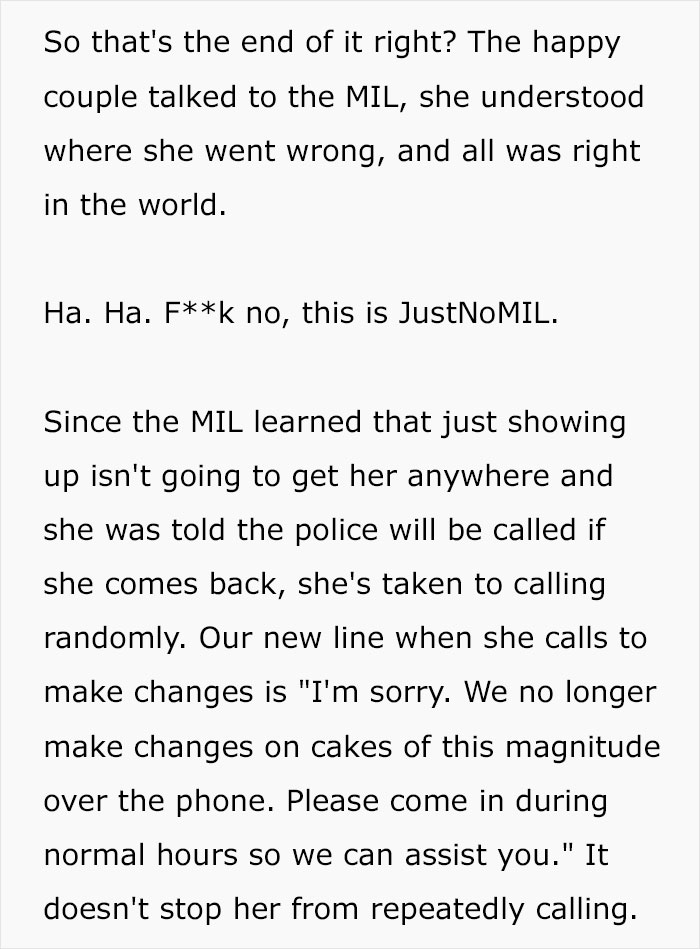 MIL keeps calling bakery despite warnings about wedding cake changes MIL keeps calling bakery despite warnings about wedding cake changes