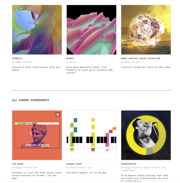 A webpage titled 100,000 Stars from Experiments with Google, showing two interesting websites images of space and galaxies.