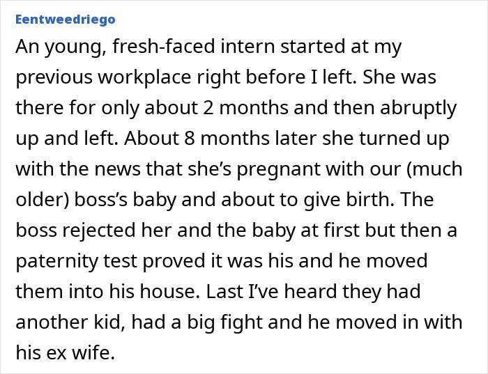 Office drama story about intern pregnant with boss's baby and family conflict