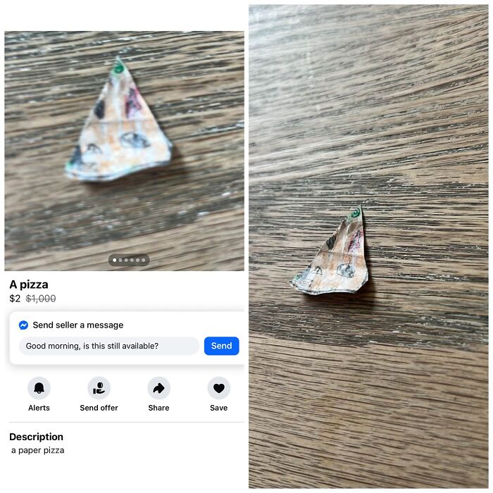 Small paper pizza slice listed on Facebook Marketplace