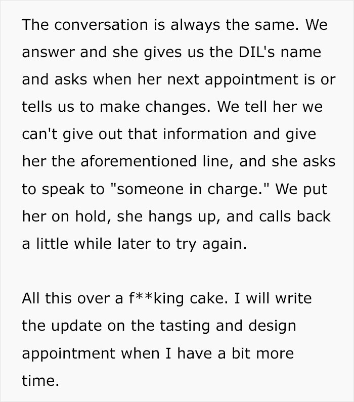 Bakery staff deal with persistent MIL calls over wedding cake appointments Bakery staff deal with persistent MIL calls over wedding cake appointments